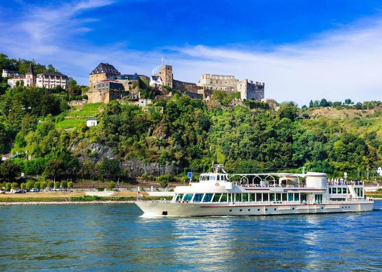 A long sightseeing boat cruising past a shoreline of large trees and an old castle on top of a cliffside.